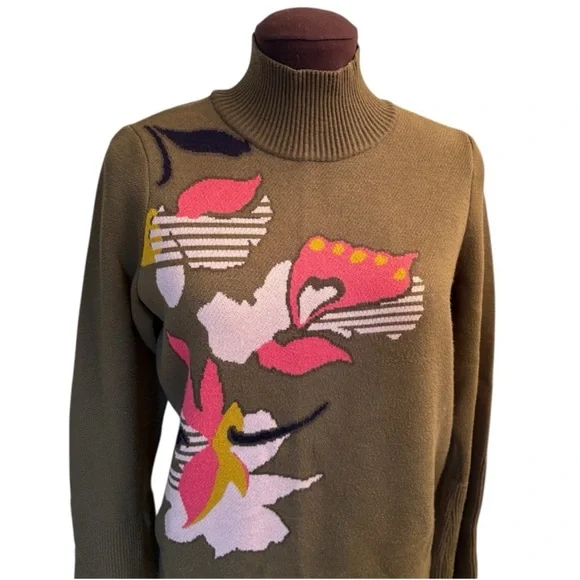 Anthropologie Knitted Knotted Olive Green MockNeck Abstract Floral Sweater sz M - Picture 5 of 16